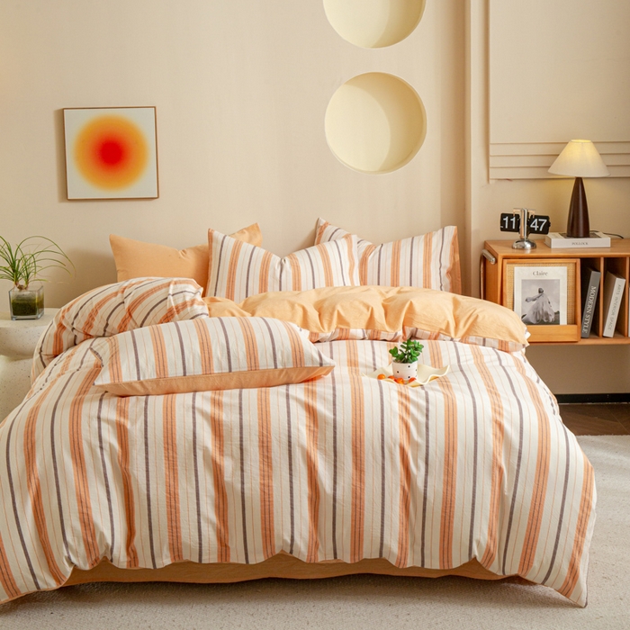 91家纺网 家纺一手货源 找家纺 优米家纺 2025新款色织全棉纯棉40支水洗四件套及床单系列-四件套 泡芙桔