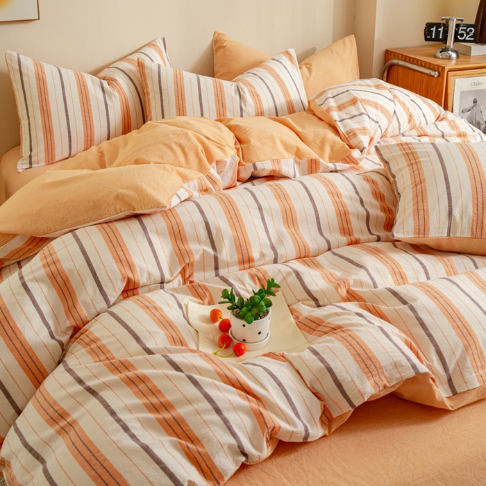 91家纺网 家纺一手货源 找家纺 优米家纺 2025新款色织全棉纯棉40支水洗四件套及床单系列-四件套 泡芙桔