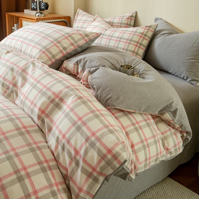 91家纺网 家纺一手货源 找家纺 优米家纺 2025新款色织全棉纯棉40支水洗四件套及床单系列-四件套 桃花坞粉+灰