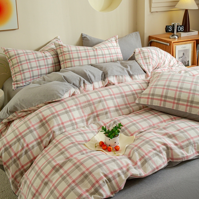 91家纺网 家纺一手货源 找家纺 优米家纺 2025新款色织全棉纯棉40支水洗四件套及床单系列-四件套 桃花坞粉+灰