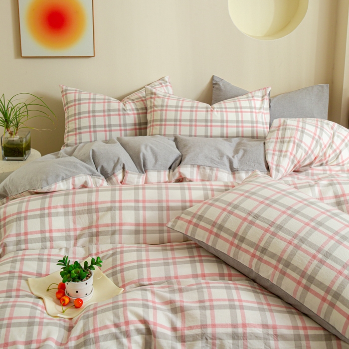 91家纺网 家纺一手货源 找家纺 优米家纺 2025新款色织全棉纯棉40支水洗四件套及床单系列-四件套 桃花坞粉+灰