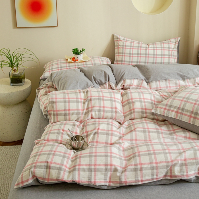 91家纺网 家纺一手货源 找家纺 优米家纺 2025新款色织全棉纯棉40支水洗四件套及床单系列-四件套 桃花坞粉+灰