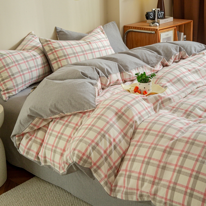 91家纺网 家纺一手货源 找家纺 优米家纺 2025新款色织全棉纯棉40支水洗四件套及床单系列-四件套 桃花坞粉+灰