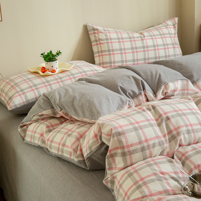 91家纺网 家纺一手货源 找家纺 优米家纺 2025新款色织全棉纯棉40支水洗四件套及床单系列-四件套 桃花坞粉+灰