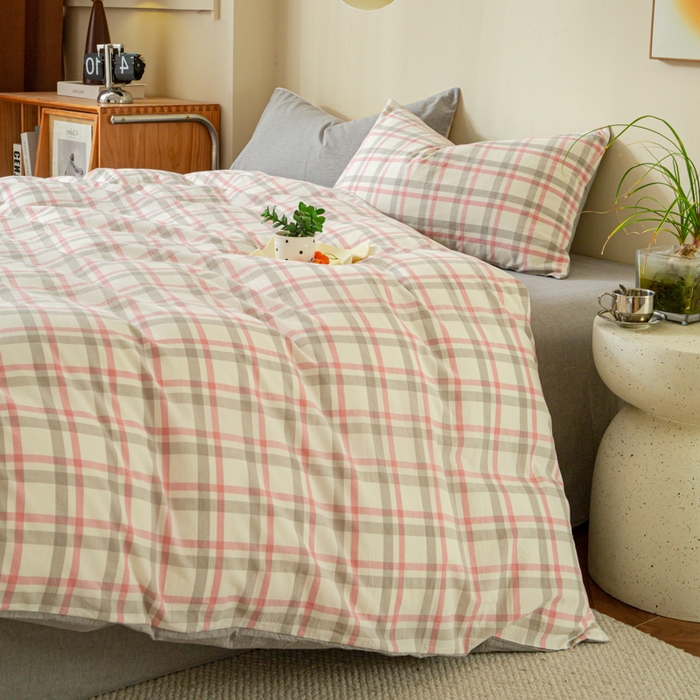 91家纺网 家纺一手货源 找家纺 优米家纺 2025新款色织全棉纯棉40支水洗四件套及床单系列-四件套 桃花坞粉+灰