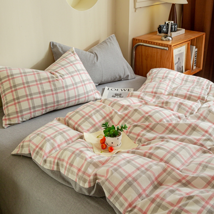 91家纺网 家纺一手货源 找家纺 优米家纺 2025新款色织全棉纯棉40支水洗四件套及床单系列-四件套 桃花坞粉+灰