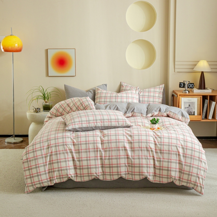 91家纺网 家纺一手货源 找家纺 优米家纺 2025新款色织全棉纯棉40支水洗四件套及床单系列-四件套 桃花坞粉+灰