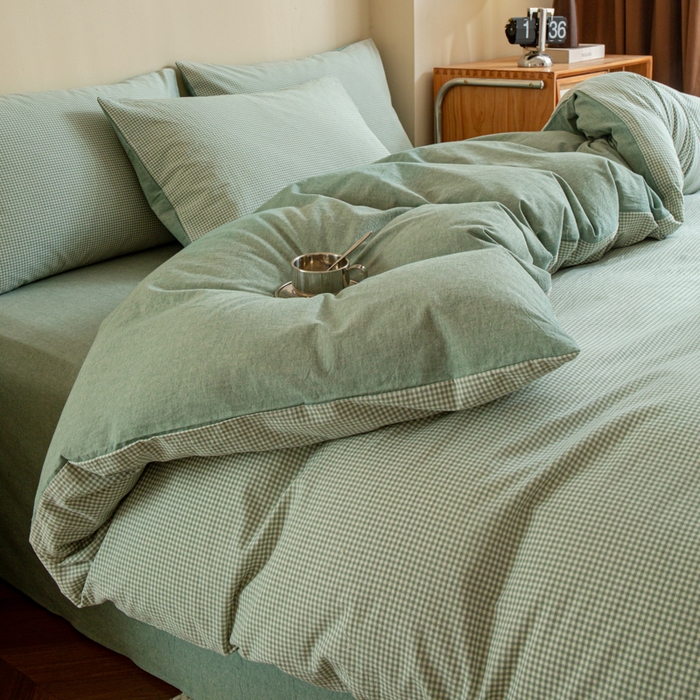 优米家纺 2025新款色织全棉纯棉40支水洗四件套及床单系列-四件套 绿小格