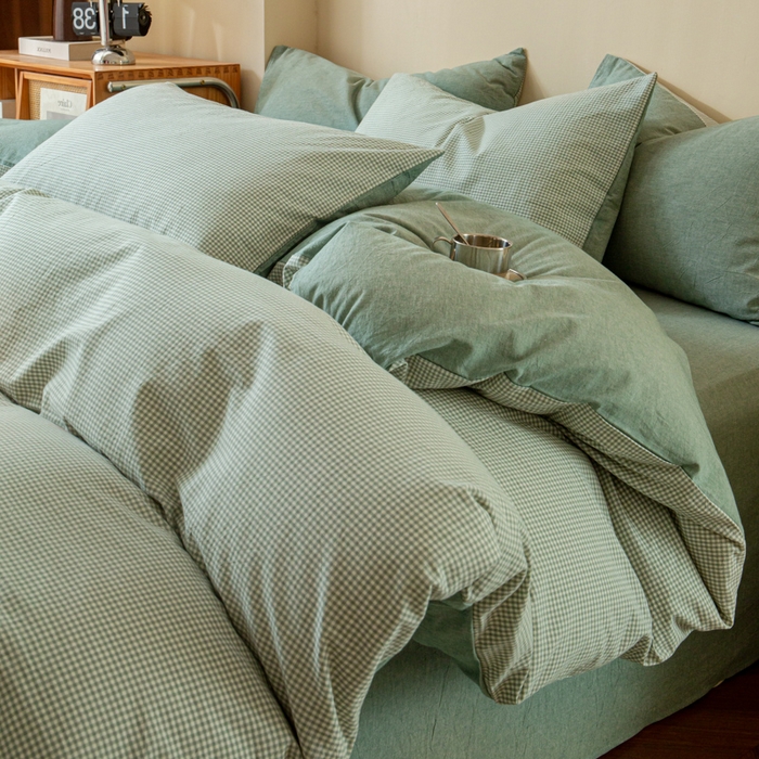 91家纺网 家纺一手货源 找家纺 优米家纺 2025新款色织全棉纯棉40支水洗四件套及床单系列-四件套 绿小格