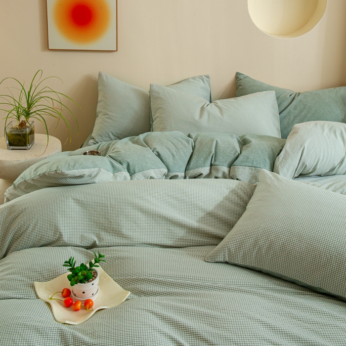 91家纺网 家纺一手货源 找家纺 优米家纺 2025新款色织全棉纯棉40支水洗四件套及床单系列-四件套 绿小格