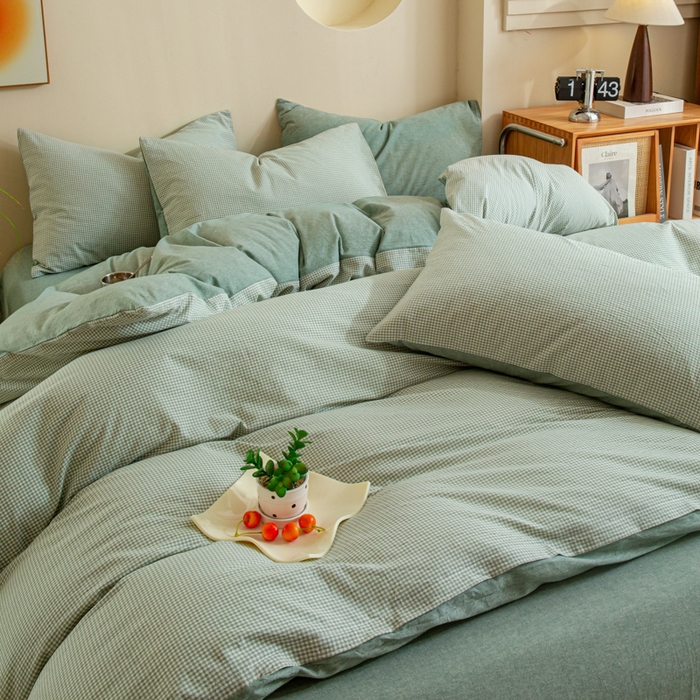 91家纺网 家纺一手货源 找家纺 优米家纺 2025新款色织全棉纯棉40支水洗四件套及床单系列-四件套 绿小格