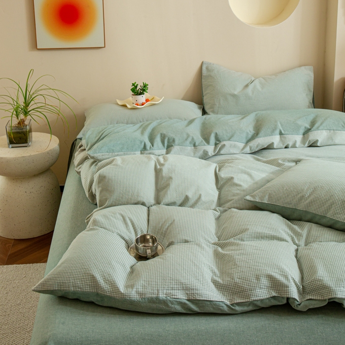 91家纺网 家纺一手货源 找家纺 优米家纺 2025新款色织全棉纯棉40支水洗四件套及床单系列-四件套 绿小格