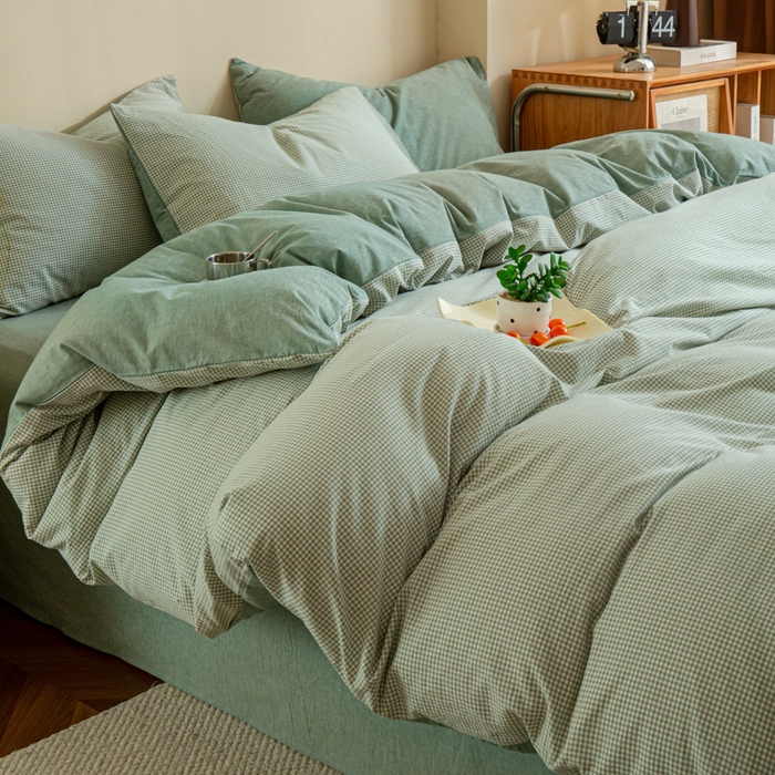91家纺网 家纺一手货源 找家纺 优米家纺 2025新款色织全棉纯棉40支水洗四件套及床单系列-四件套 绿小格
