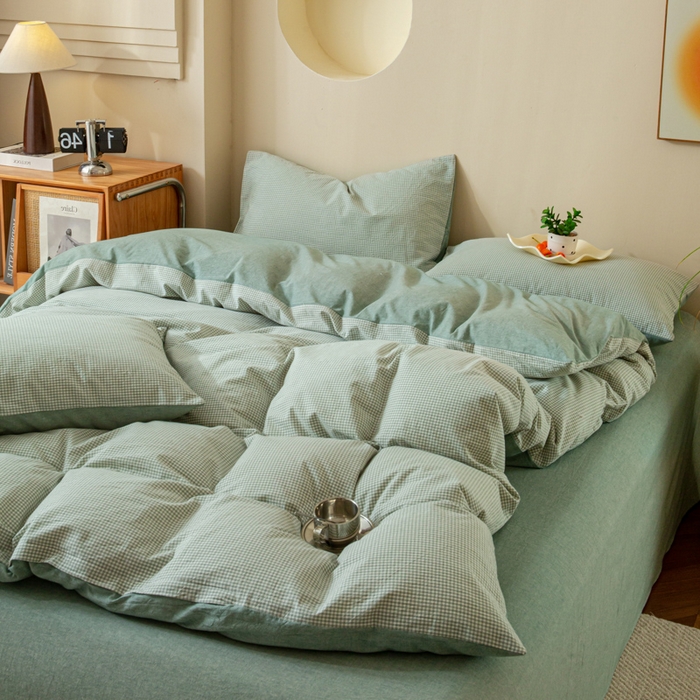 91家纺网 家纺一手货源 找家纺 优米家纺 2025新款色织全棉纯棉40支水洗四件套及床单系列-四件套 绿小格