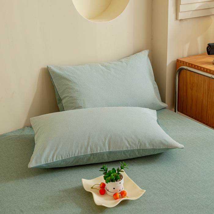 91家纺网 家纺一手货源 找家纺 优米家纺 2025新款色织全棉纯棉40支水洗四件套及床单系列-四件套 绿小格