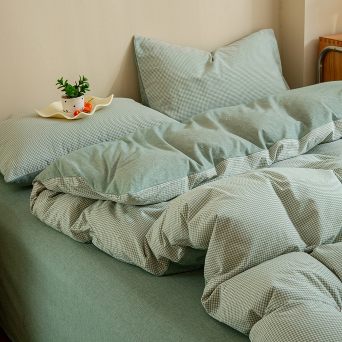 91家纺网 家纺一手货源 找家纺 优米家纺 2025新款色织全棉纯棉40支水洗四件套及床单系列-四件套 绿小格