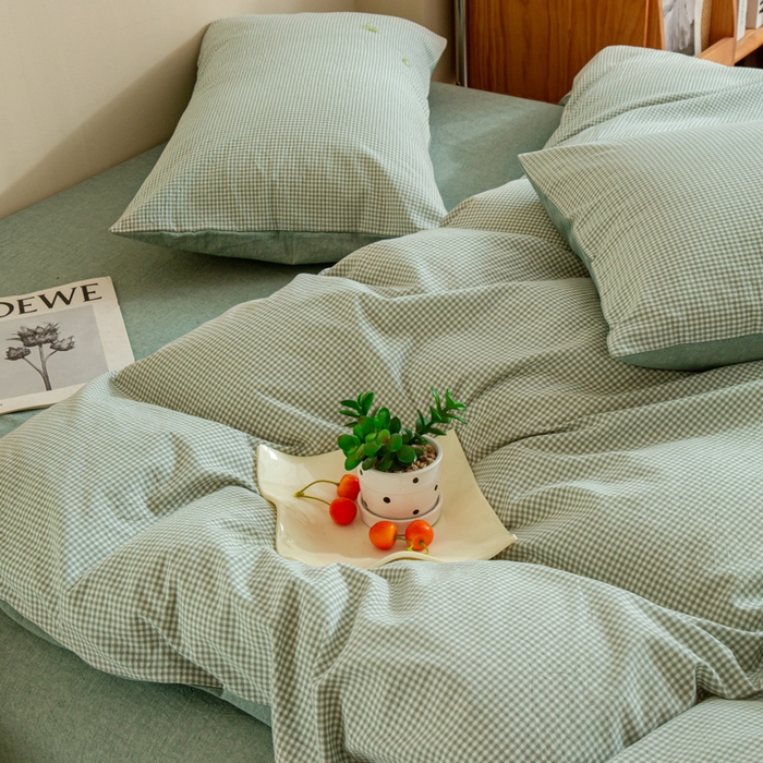 91家纺网 家纺一手货源 找家纺 优米家纺 2025新款色织全棉纯棉40支水洗四件套及床单系列-四件套 绿小格