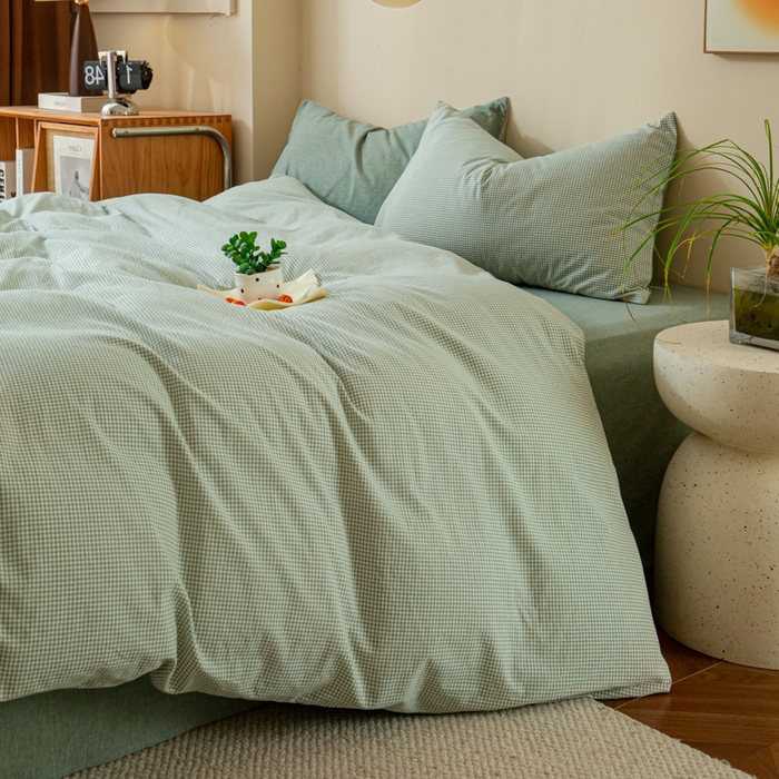 91家纺网 家纺一手货源 找家纺 优米家纺 2025新款色织全棉纯棉40支水洗四件套及床单系列-四件套 绿小格