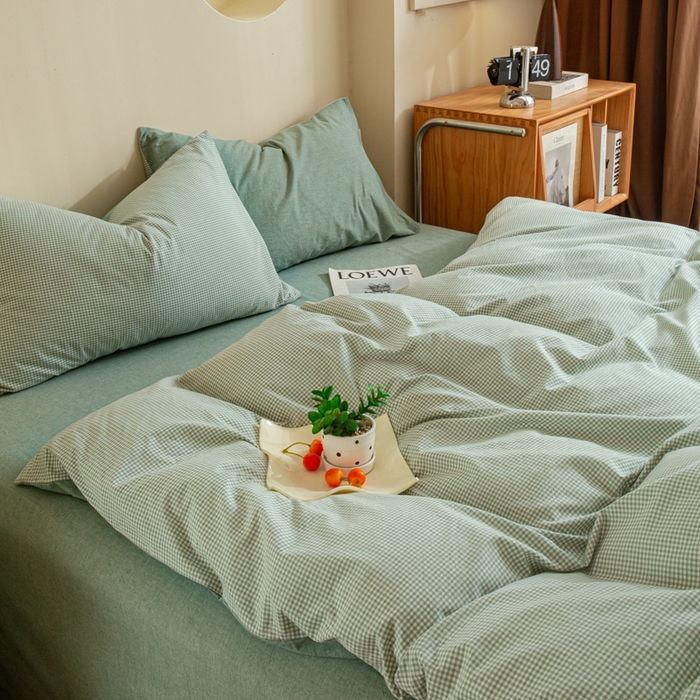 91家纺网 家纺一手货源 找家纺 优米家纺 2025新款色织全棉纯棉40支水洗四件套及床单系列-四件套 绿小格