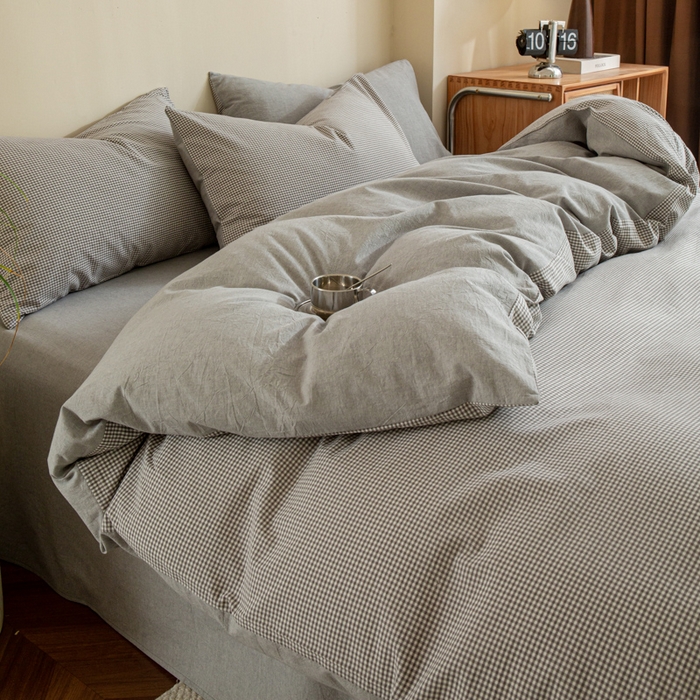 优米家纺 2025新款色织全棉纯棉40支水洗四件套及床单系列-四件套 灰小格