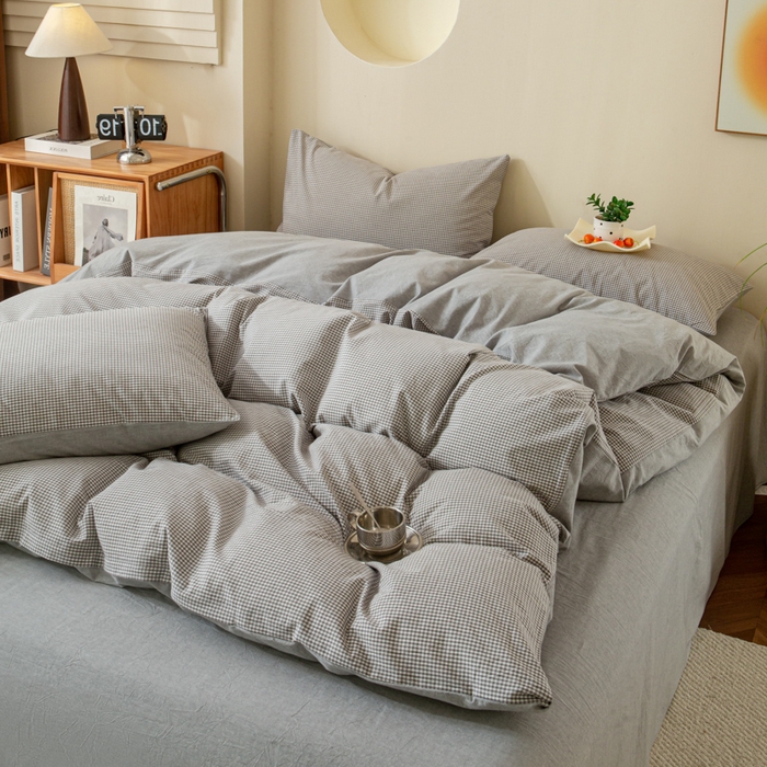 91家纺网 家纺一手货源 找家纺 优米家纺 2025新款色织全棉纯棉40支水洗四件套及床单系列-四件套 灰小格