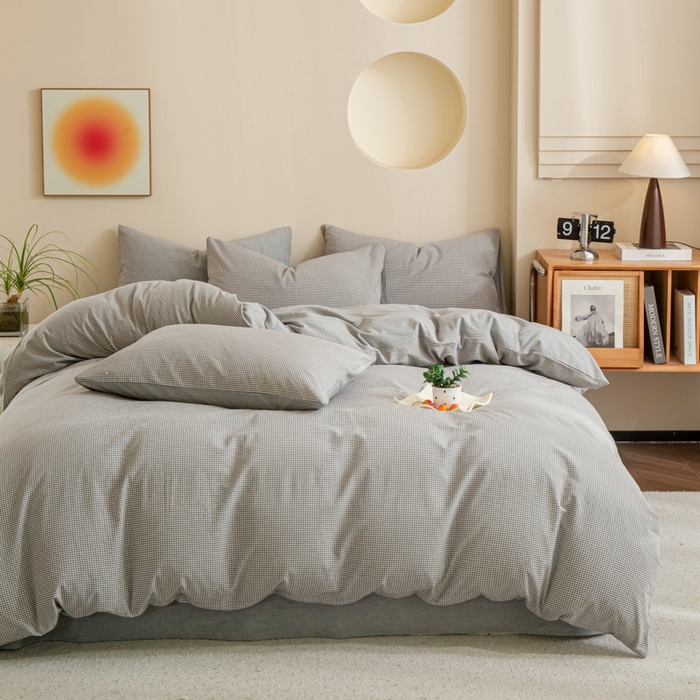 91家纺网 家纺一手货源 找家纺 优米家纺 2025新款色织全棉纯棉40支水洗四件套及床单系列-四件套 灰小格