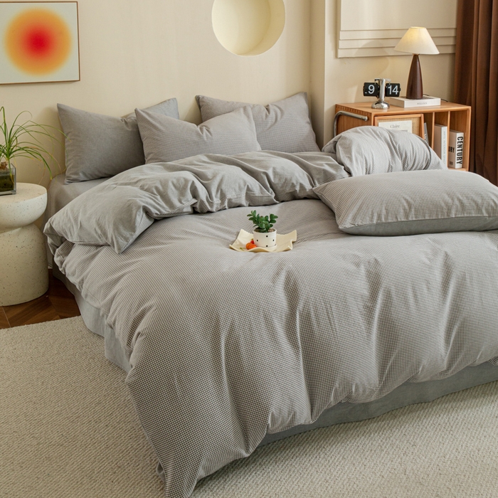 91家纺网 家纺一手货源 找家纺 优米家纺 2025新款色织全棉纯棉40支水洗四件套及床单系列-四件套 灰小格