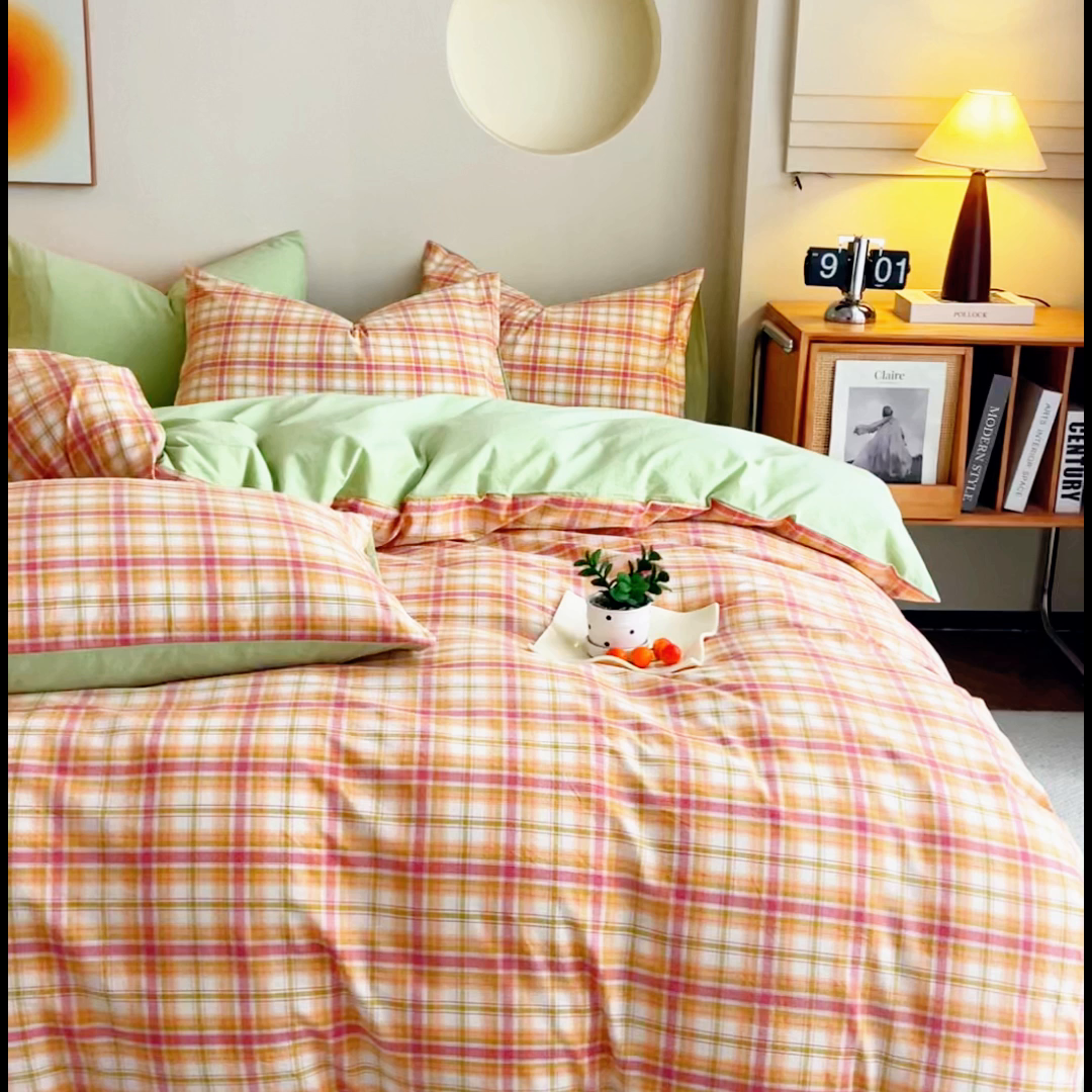 91家纺网 家纺一手货源 找家纺 优米家纺 2025新款色织全棉纯棉40支水洗四件套系列-单床单 华沙格桔+绿