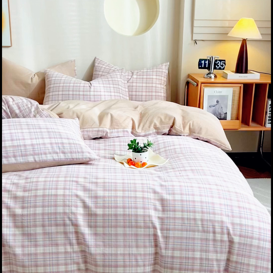 91家纺网 家纺一手货源 找家纺 优米家纺 2025新款色织全棉纯棉40支水洗四件套系列-单床单 暮光粉