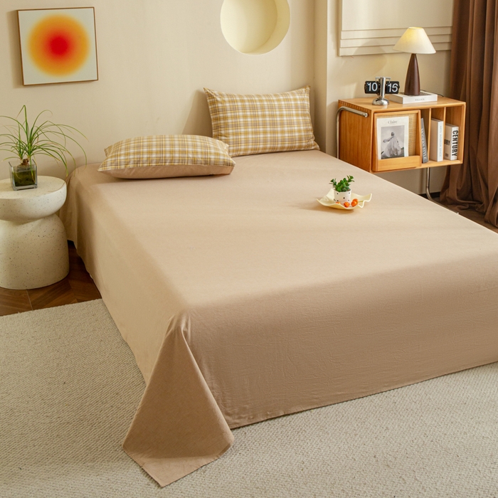 91家纺网 家纺一手货源 找家纺 优米家纺 2025新款色织全棉纯棉40支水洗四件套系列-单床单 柠檬黄+咖