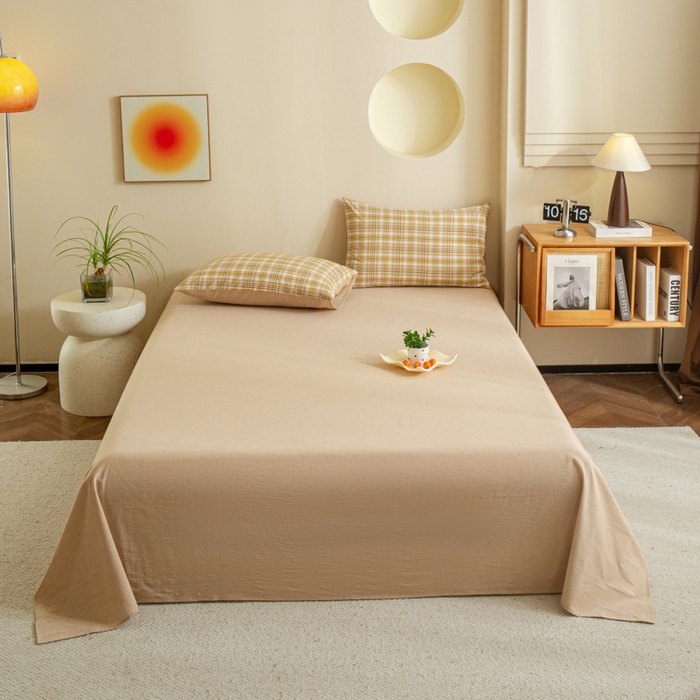 91家纺网 家纺一手货源 找家纺 优米家纺 2025新款色织全棉纯棉40支水洗四件套系列-单床单 柠檬黄+咖