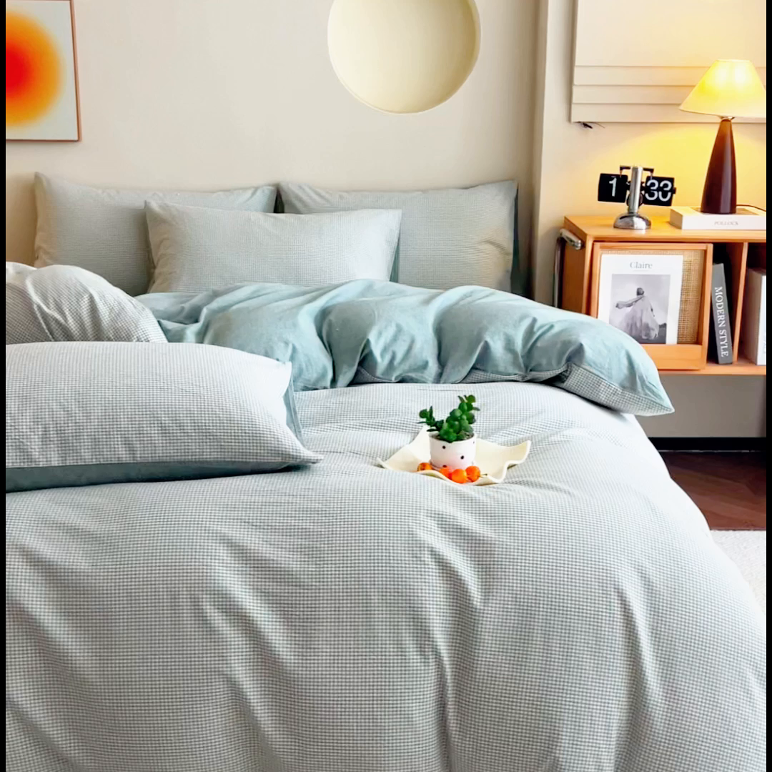 91家纺网 家纺一手货源 找家纺 优米家纺 2025新款色织全棉纯棉40支水洗四件套系列-单床单 绿小格
