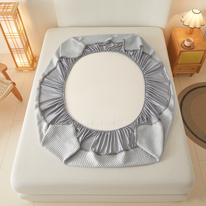 91家纺网 家纺一手货源 找家纺 欧邦 2025春夏新款PE凉感冰豆豆床笠款夏被夏凉被空调被四件套 桃心-灰