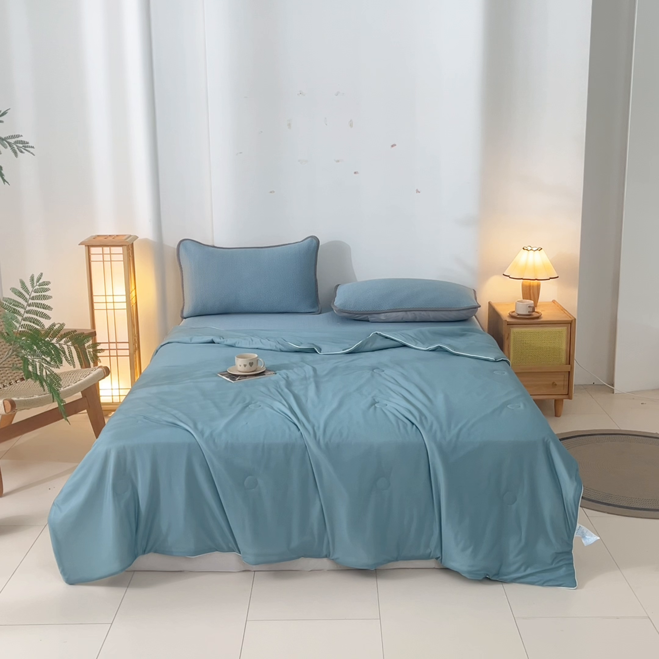 91家纺网 家纺一手货源 找家纺 欧邦 2025春夏新款PE凉感冰豆豆床笠款夏被夏凉被空调被四件套 桃心-蓝