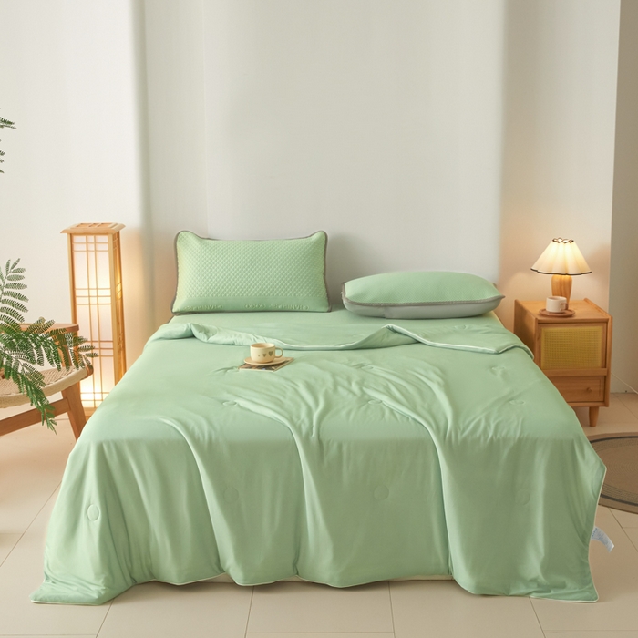 91家纺网 家纺一手货源 找家纺 欧邦 2025春夏新款PE凉感冰豆豆床笠款夏被夏凉被空调被四件套 桃心-绿