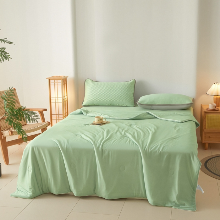 91家纺网 家纺一手货源 找家纺 欧邦 2025春夏新款PE凉感冰豆豆床笠款夏被夏凉被空调被四件套 桃心-绿