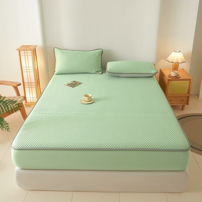 91家纺网 家纺一手货源 找家纺 欧邦 2025春夏新款PE凉感冰豆豆床笠款夏被夏凉被空调被四件套 桃心-绿