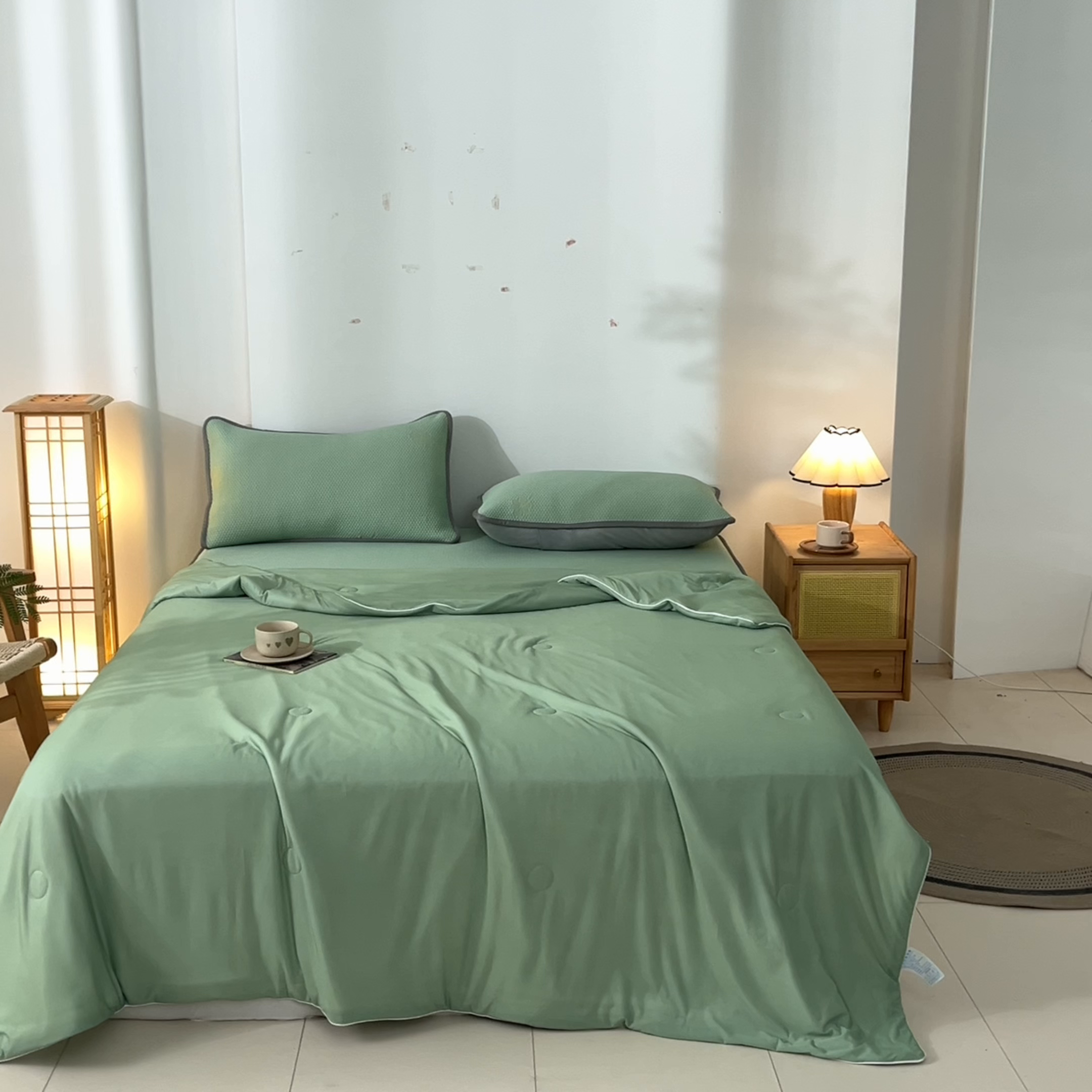 91家纺网 家纺一手货源 找家纺 欧邦 2025春夏新款PE凉感冰豆豆床笠款夏被夏凉被空调被四件套 桃心-绿