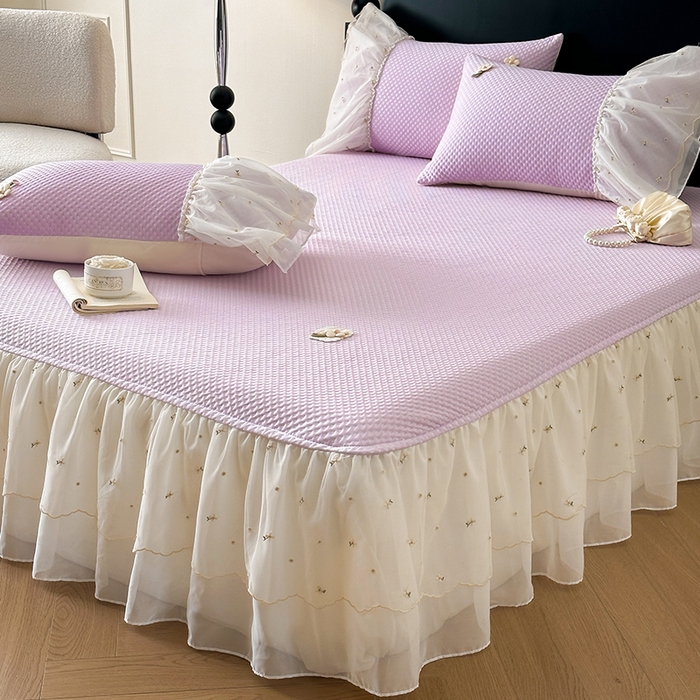 蓝邻家纺 2025春夏新款PE提花雪纺+绣花花边凉席席子-场景二 夏花-紫