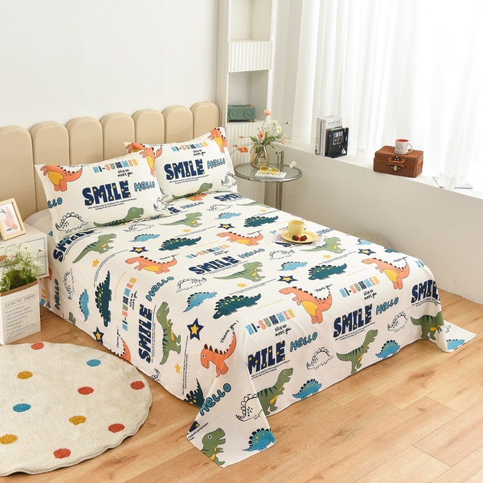 91家纺网 家纺一手货源 找家纺 名优家纺 2025新款全棉纯棉13070韩版小清新系列床单单件--单床单 恐龙漫画