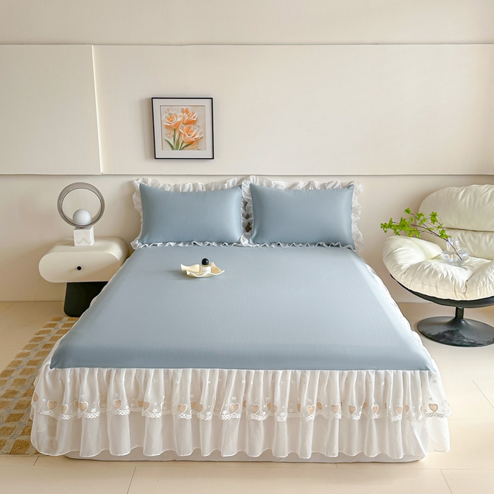 无瑕家居 2025新款春夏款冰丝凉席床裙款三件套空气层凉席席子凉席床裙 莫兰迪蓝