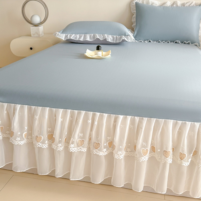 91家纺网 家纺一手货源 找家纺 无瑕家居 2025新款春夏款冰丝凉席床裙款三件套空气层凉席席子凉席床裙 莫兰迪蓝