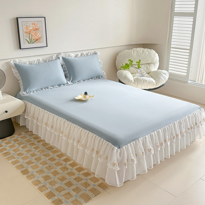 91家纺网 家纺一手货源 找家纺 无瑕家居 2025新款春夏款冰丝凉席床裙款三件套空气层凉席席子凉席床裙 莫兰迪蓝