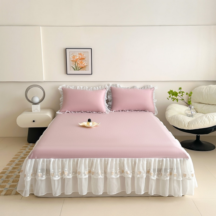 无瑕家居 2025新款春夏款冰丝凉席床裙款三件套空气层凉席席子凉席床裙 粉玉色