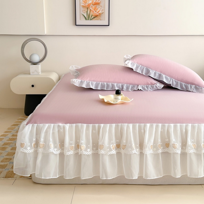 91家纺网 家纺一手货源 找家纺 无瑕家居 2025新款春夏款冰丝凉席床裙款三件套空气层凉席席子凉席床裙 粉玉色