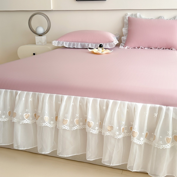 91家纺网 家纺一手货源 找家纺 无瑕家居 2025新款春夏款冰丝凉席床裙款三件套空气层凉席席子凉席床裙 粉玉色