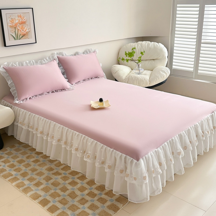 91家纺网 家纺一手货源 找家纺 无瑕家居 2025新款春夏款冰丝凉席床裙款三件套空气层凉席席子凉席床裙 粉玉色