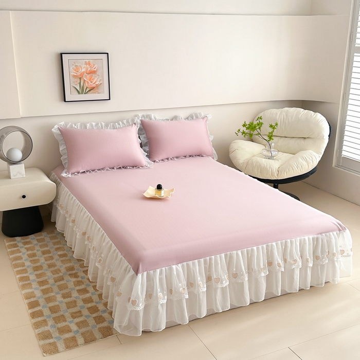 91家纺网 家纺一手货源 找家纺 无瑕家居 2025新款春夏款冰丝凉席床裙款三件套空气层凉席席子凉席床裙 粉玉色