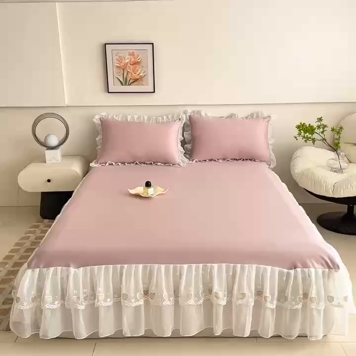 91家纺网 家纺一手货源 找家纺 无瑕家居 2025新款春夏款冰丝凉席床裙款三件套空气层凉席席子凉席床裙 粉玉色