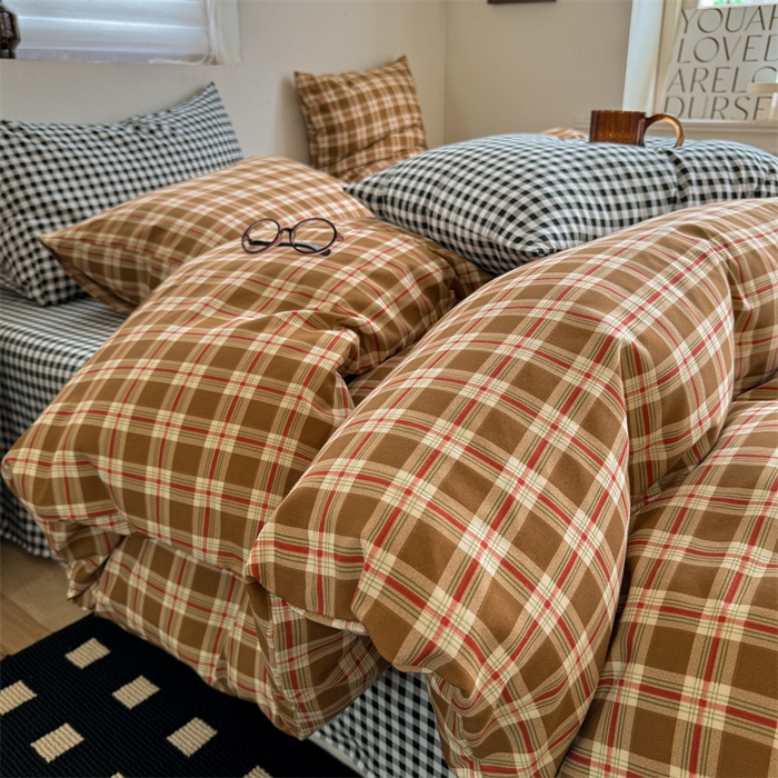 91家纺网 家纺一手货源 找家纺 （总）多品家纺 2025新款简约复古风水洗棉格子四件套